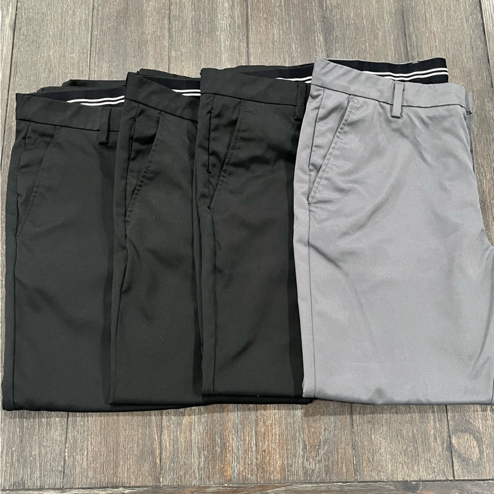 Bundle four (4) men’s Amazon Essentials slim pants size 36x29 - 3 black, 1 grey